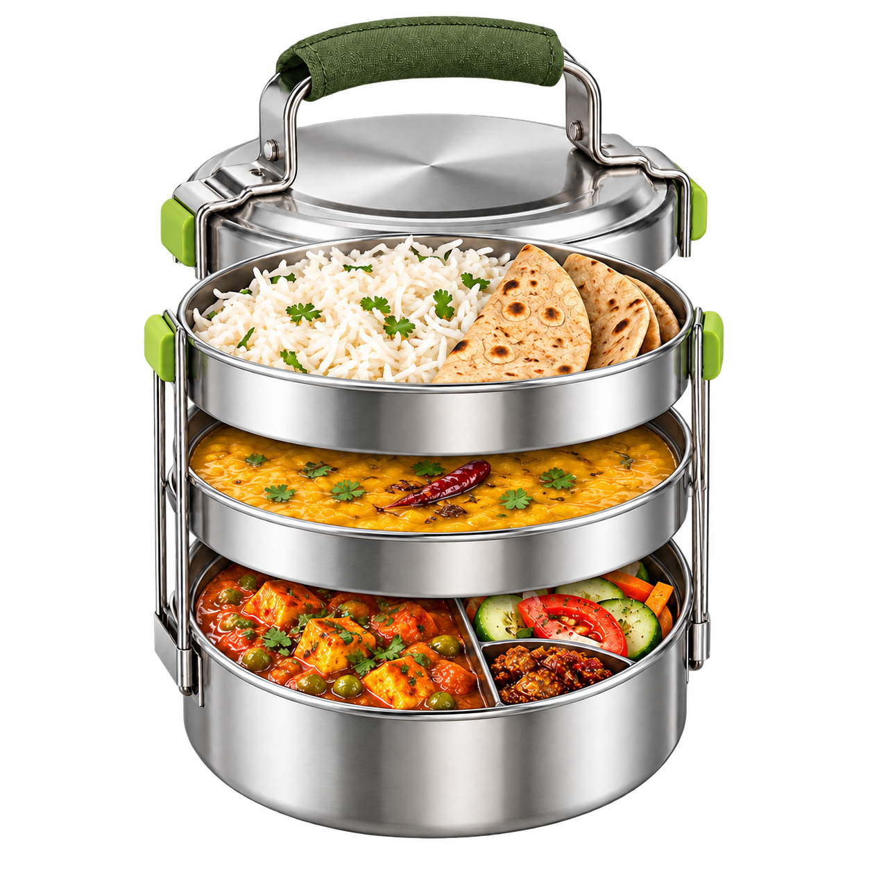Open stainless-steel tiffin filled with rice, roti, dal, curry, salad and pickle